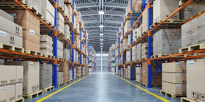 Distribution center aisle with racking and a coated epoxy floor
