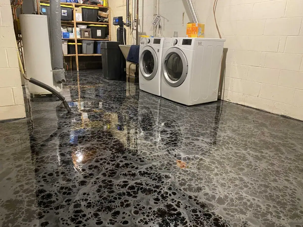 Metallic epoxy basement laundry room floor